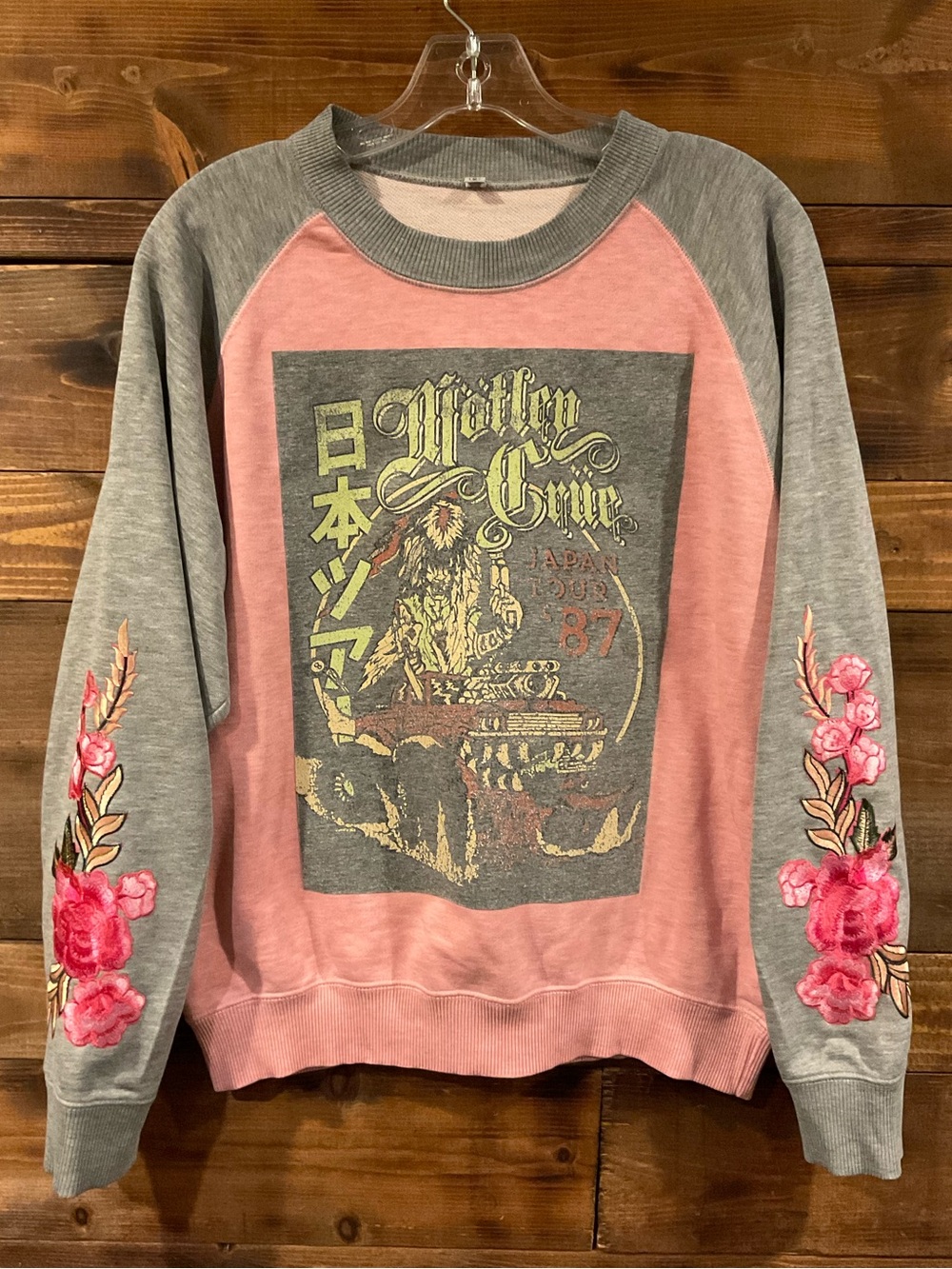 Custom MOTLEY CRUE Women’s Pink/Gray Raglan Sweatshirt Embroidered Roses Medium